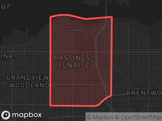 Map of Hastings-Sunrise in Vancouver with its official boundary outlined