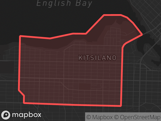Map of Kitsilano in Vancouver with its official boundary outlined