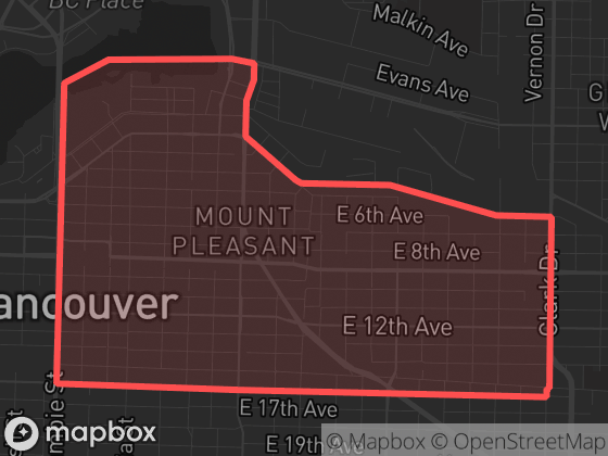Map of Mount Pleasant in Vancouver with its official boundary outlined