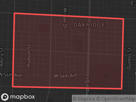 Map of Oakridge in Vancouver with its official boundary outlined