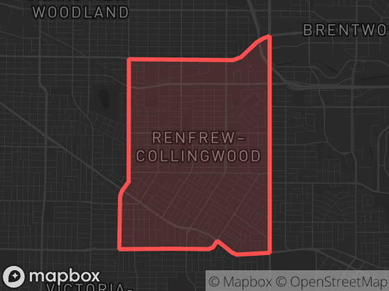 Map of Renfrew-Collingwood in Vancouver with its official boundary outlined