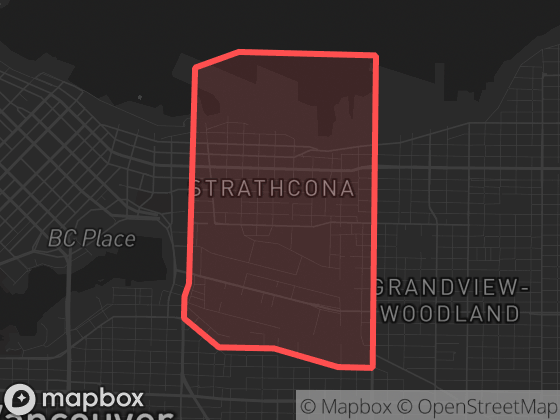 Map of Strathcona in Vancouver with its official boundary outlined