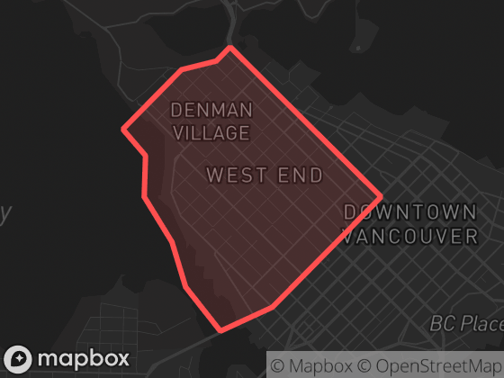 Map of West End in Vancouver with its official boundary outlined