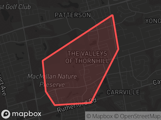 Map of The Valleys of Thornhill in Vaughan with its official boundary outlined