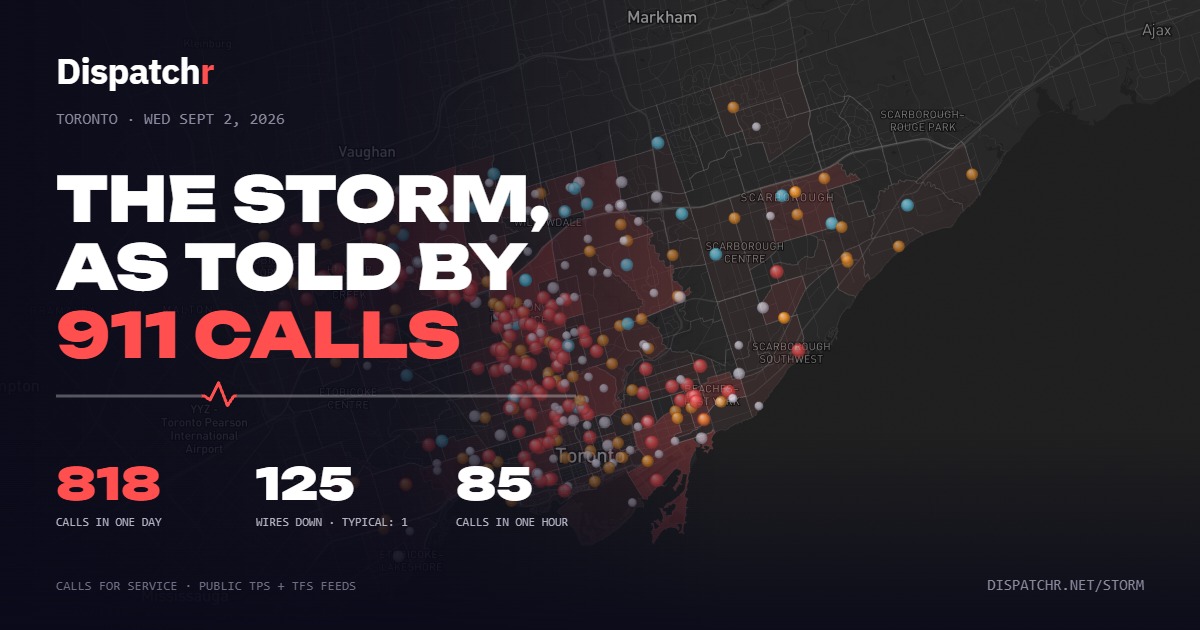 Map of Toronto with every storm-related 911 call from September 2, 2026 plotted as glowing dots
